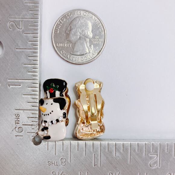 Festive Snowman Clip On Earrings Enamel Rhinestone Retro Cute Christmas Jewelry - Picture 8 of 8